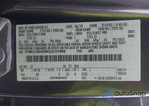 2019 Ford Escape Sel из США, поврежденный, VIN 1FMCU9HD9KUC31998